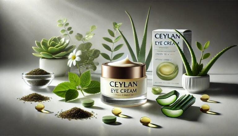 A sleek Ceylan Eye Cream jar with vibrant packaging, placed beside natural skincare ingredients like aloe and chamomile.